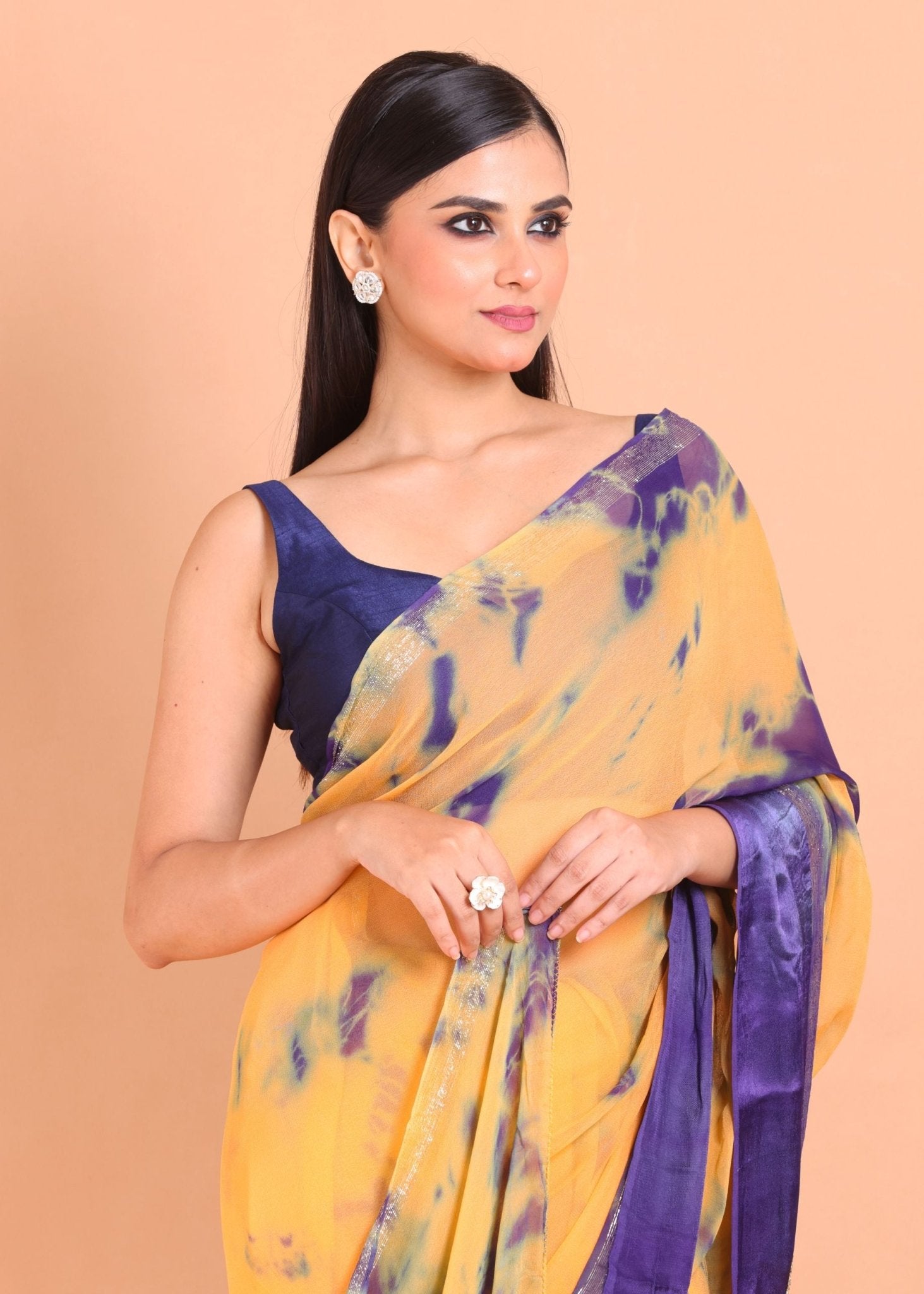 Yellow and Blue Georgette Shibori Saree with Gota Embroidery - Anvi Couture