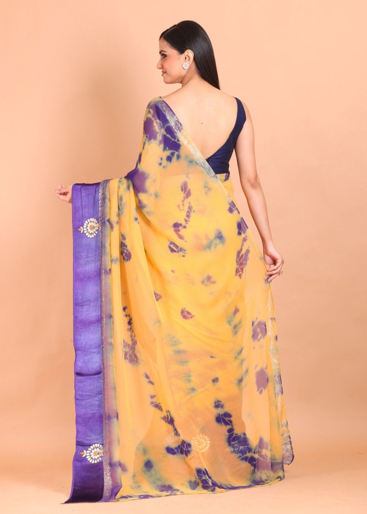 Yellow and Blue Georgette Shibori Saree with Gota Embroidery - Anvi Couture