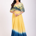 Yellow and Blue Lehenga set with Shibori Print  Embroidered Cape full