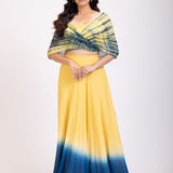 Yellow and Blue Lehenga set with Shibori Print  Embroidered Cape full