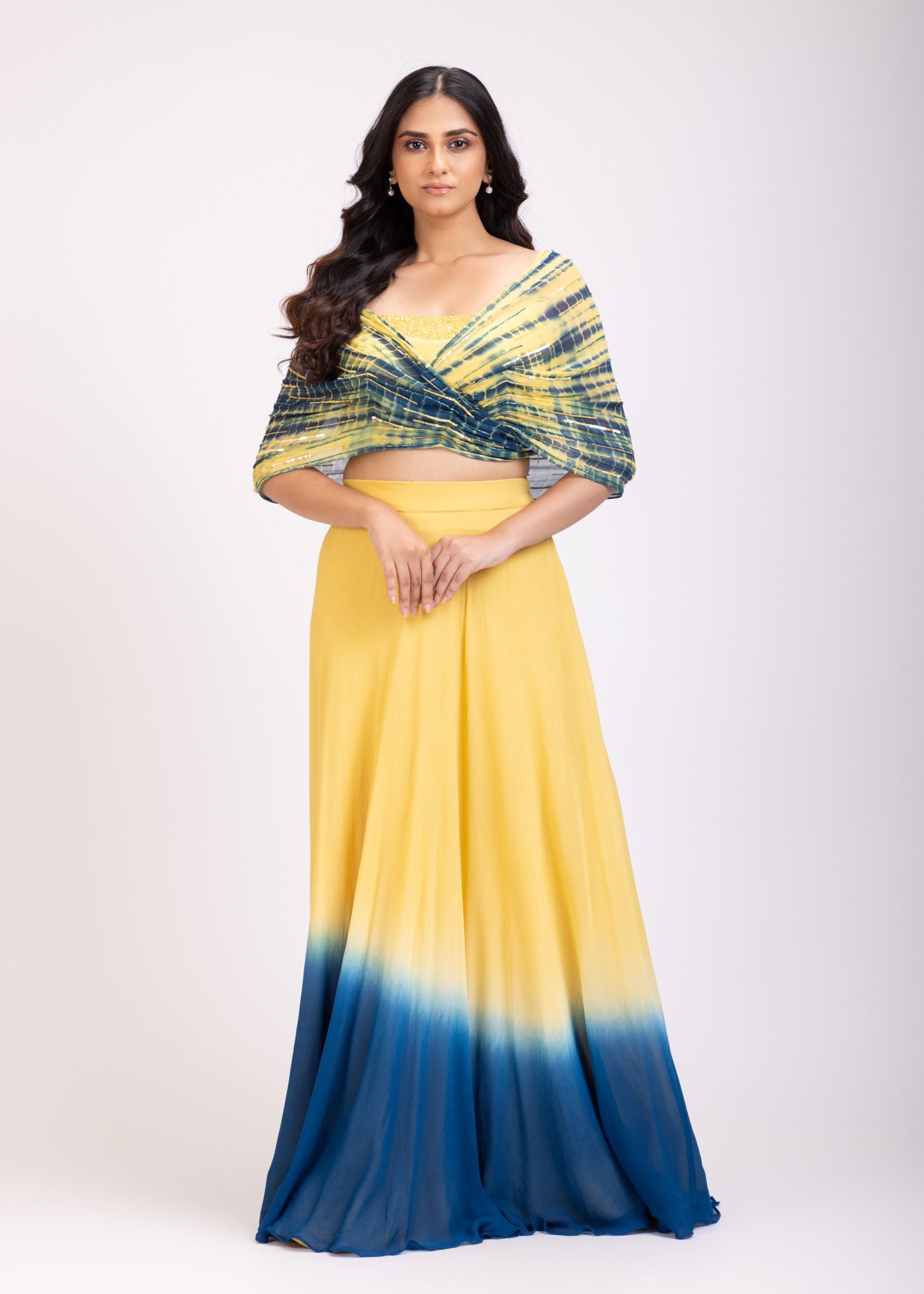 Yellow and Blue Lehenga set with Shibori Print  Embroidered Cape full