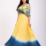 Yellow and Blue Lehenga set with Shibori Print  Embroidered Cape Side