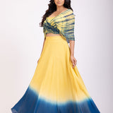 Yellow and Blue Lehenga set with Shibori Print  Embroidered Cape Side