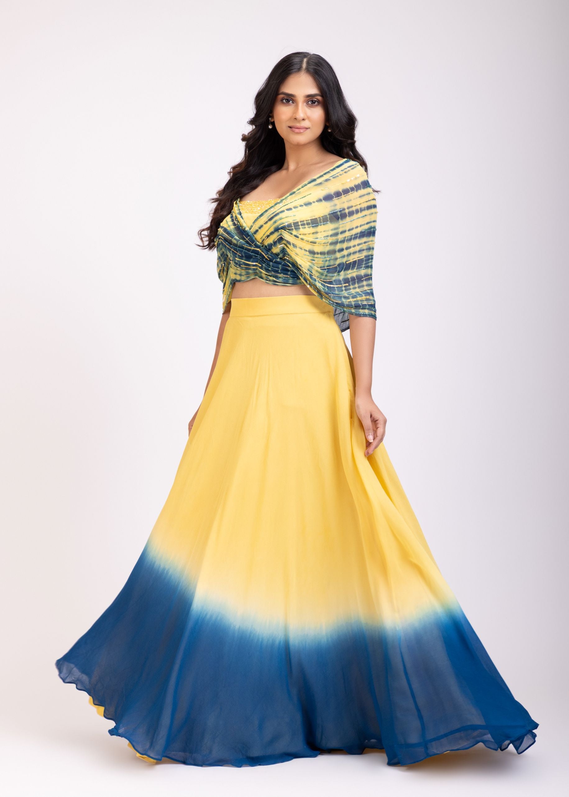 Yellow and Blue Lehenga set with Shibori Print  Embroidered Cape Side