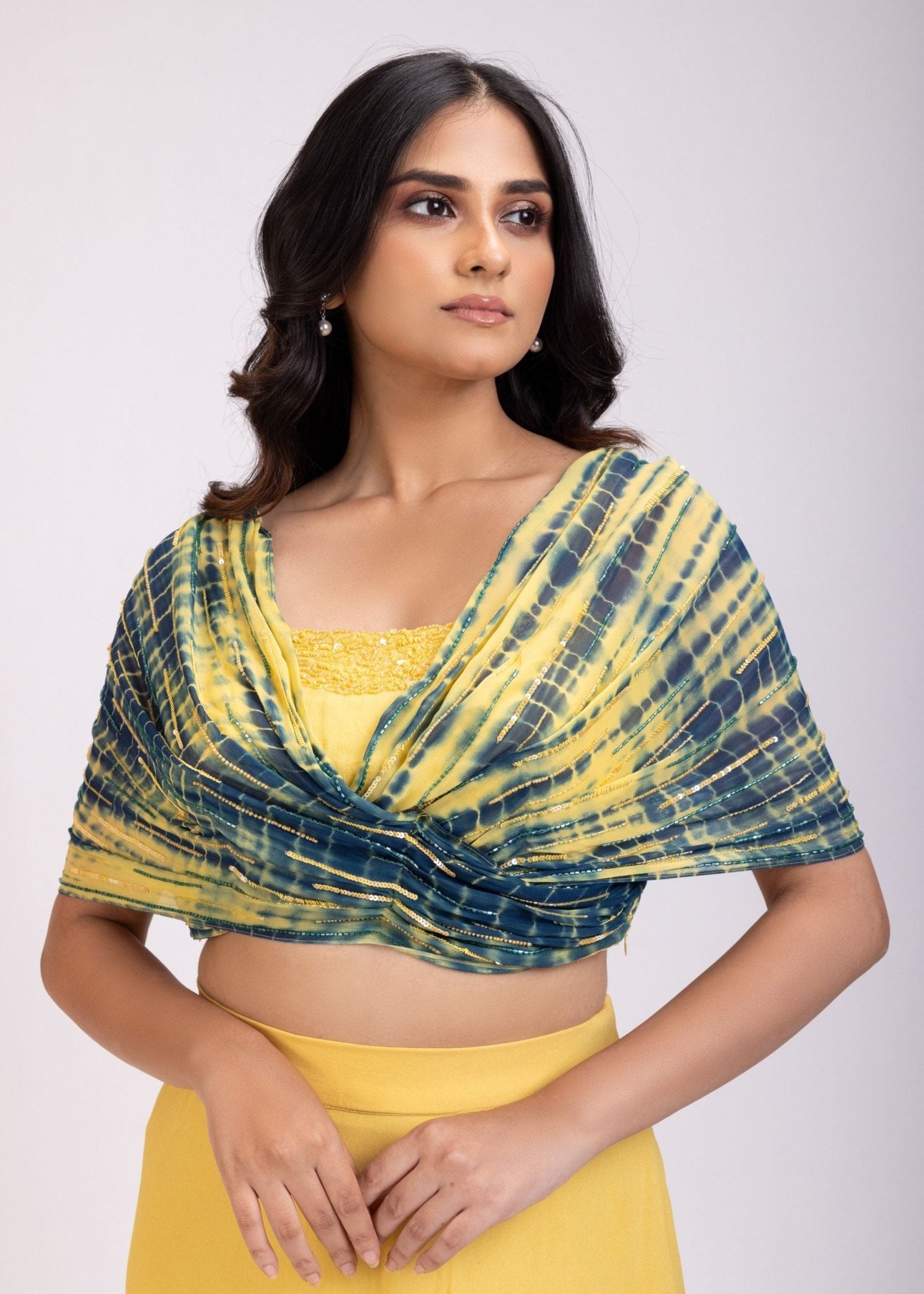 Yellow and Blue Lehenga set with Shibori Print Embroidered Cape - Anvi Couture