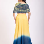 Yellow and Blue Lehenga set with Shibori Print  Embroidered Cape Back