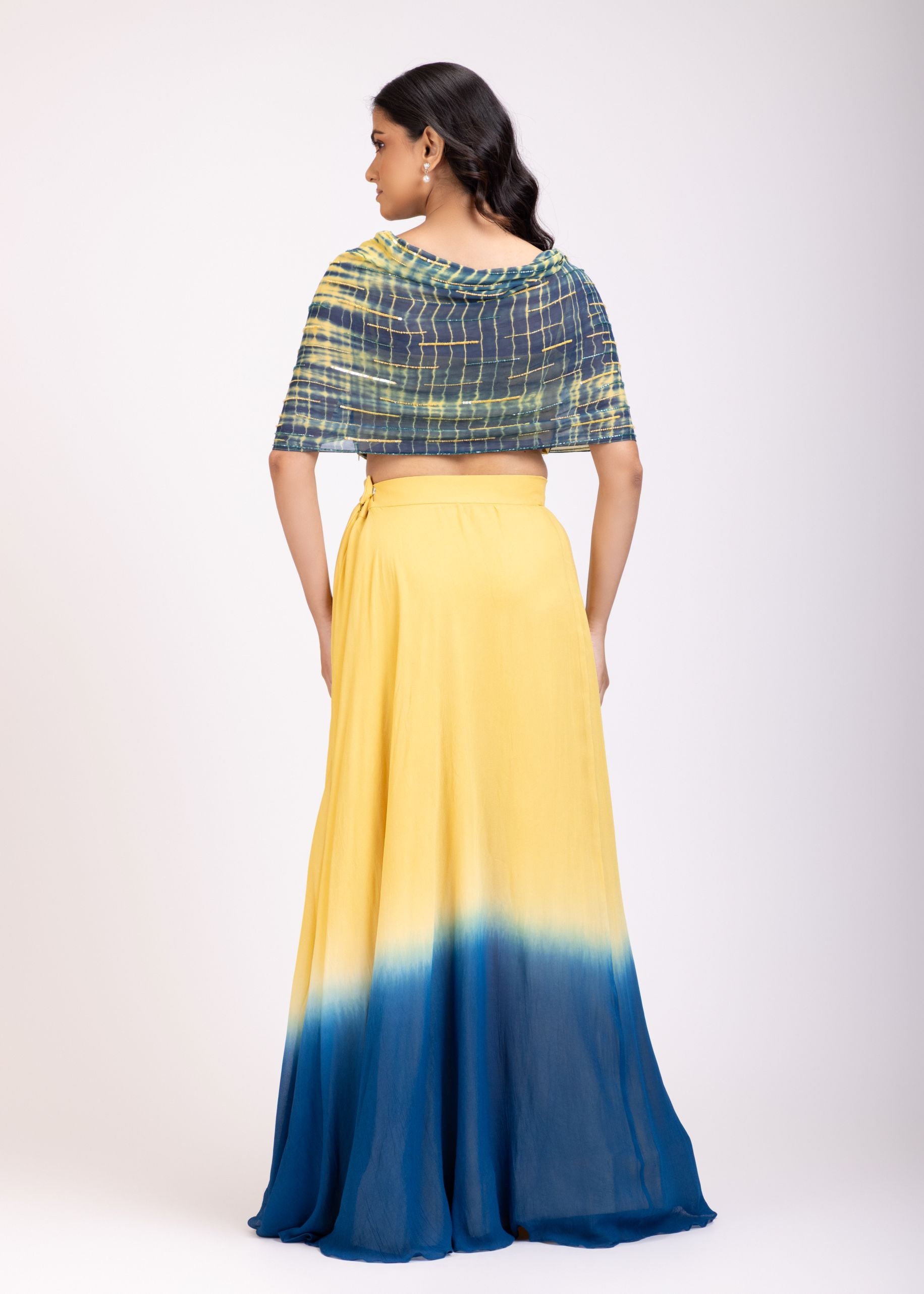 Yellow and Blue Lehenga set with Shibori Print  Embroidered Cape Back