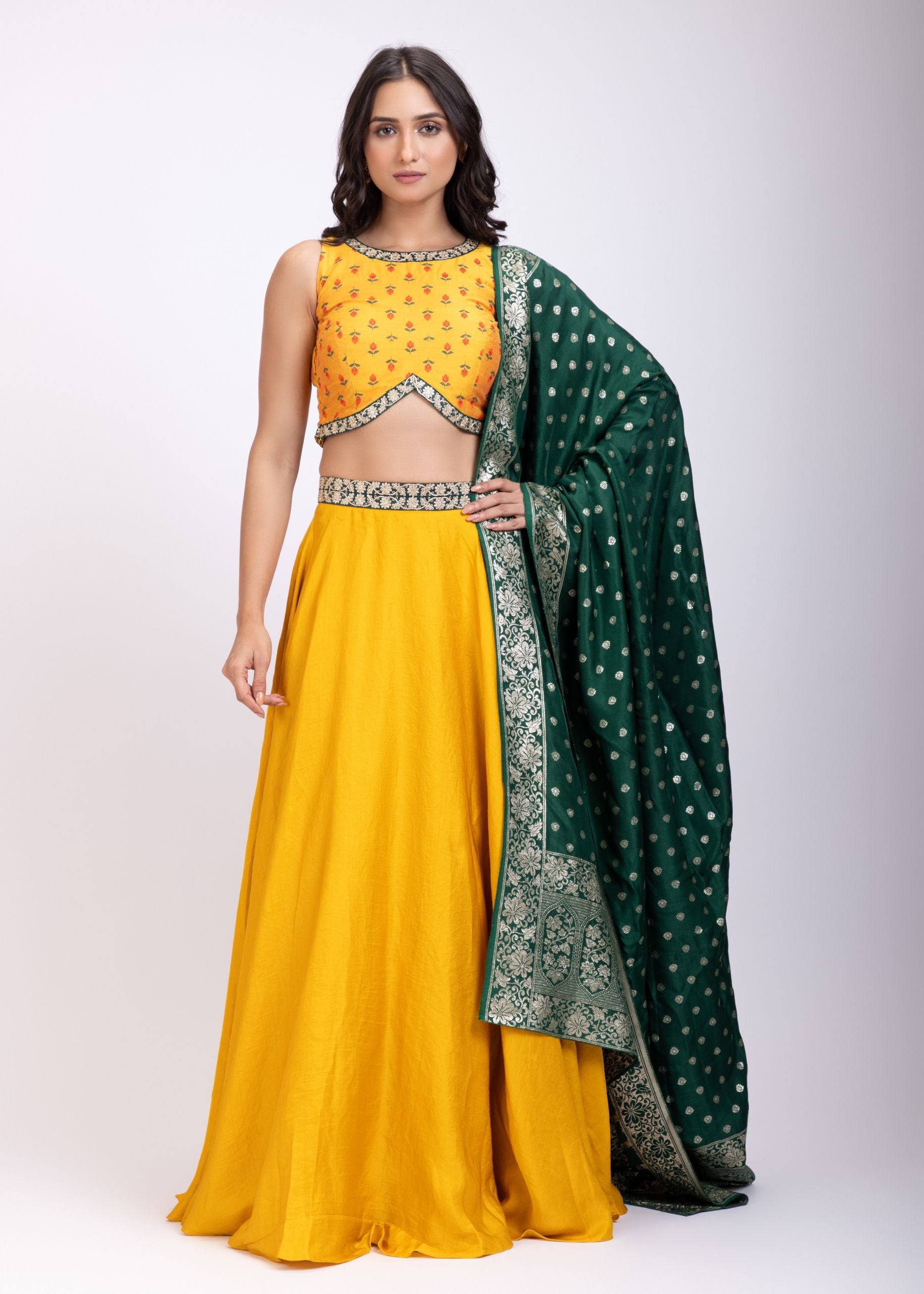 Yellow and Green Lehenga Set full
