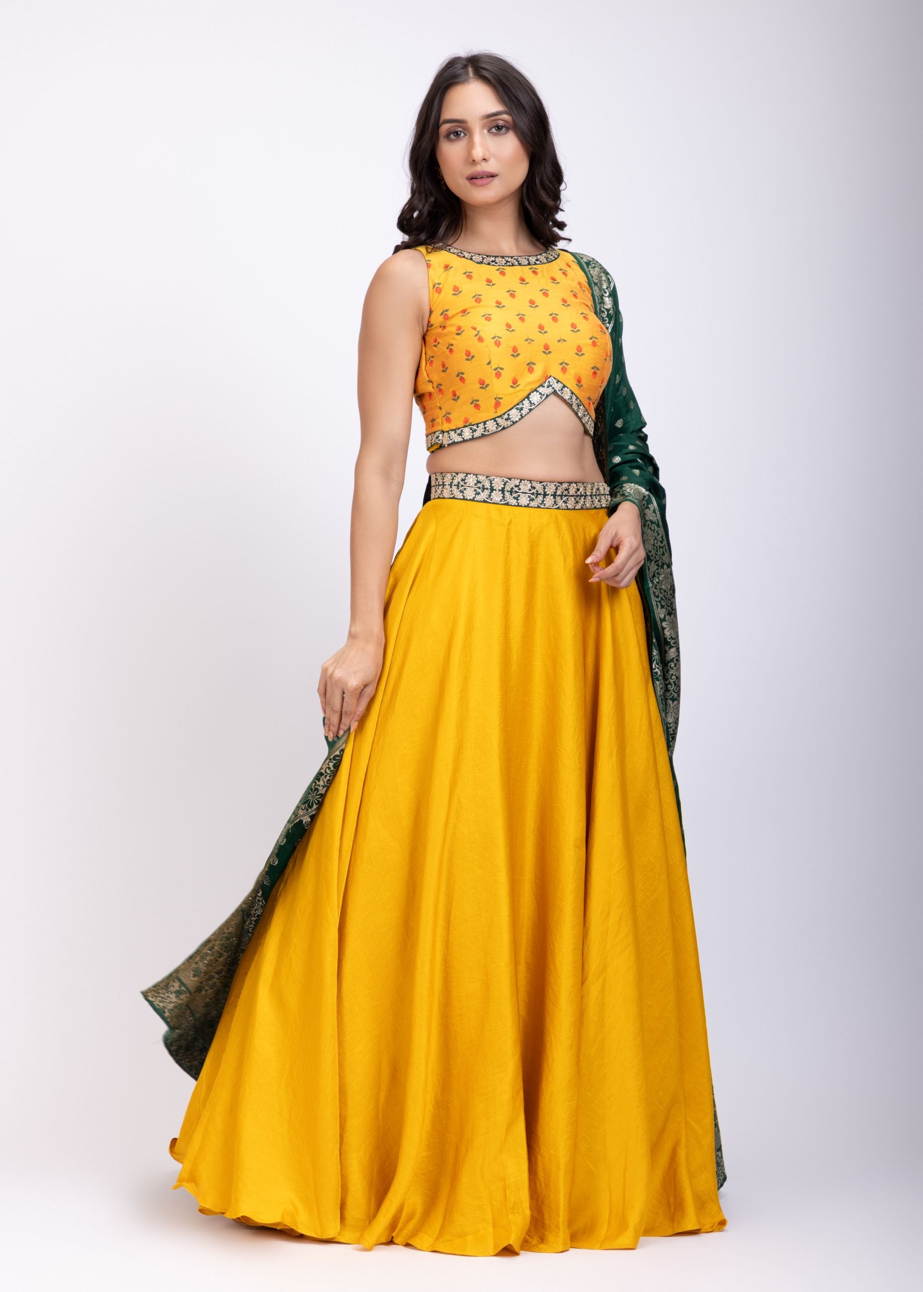 Yellow and Green Lehenga Set front