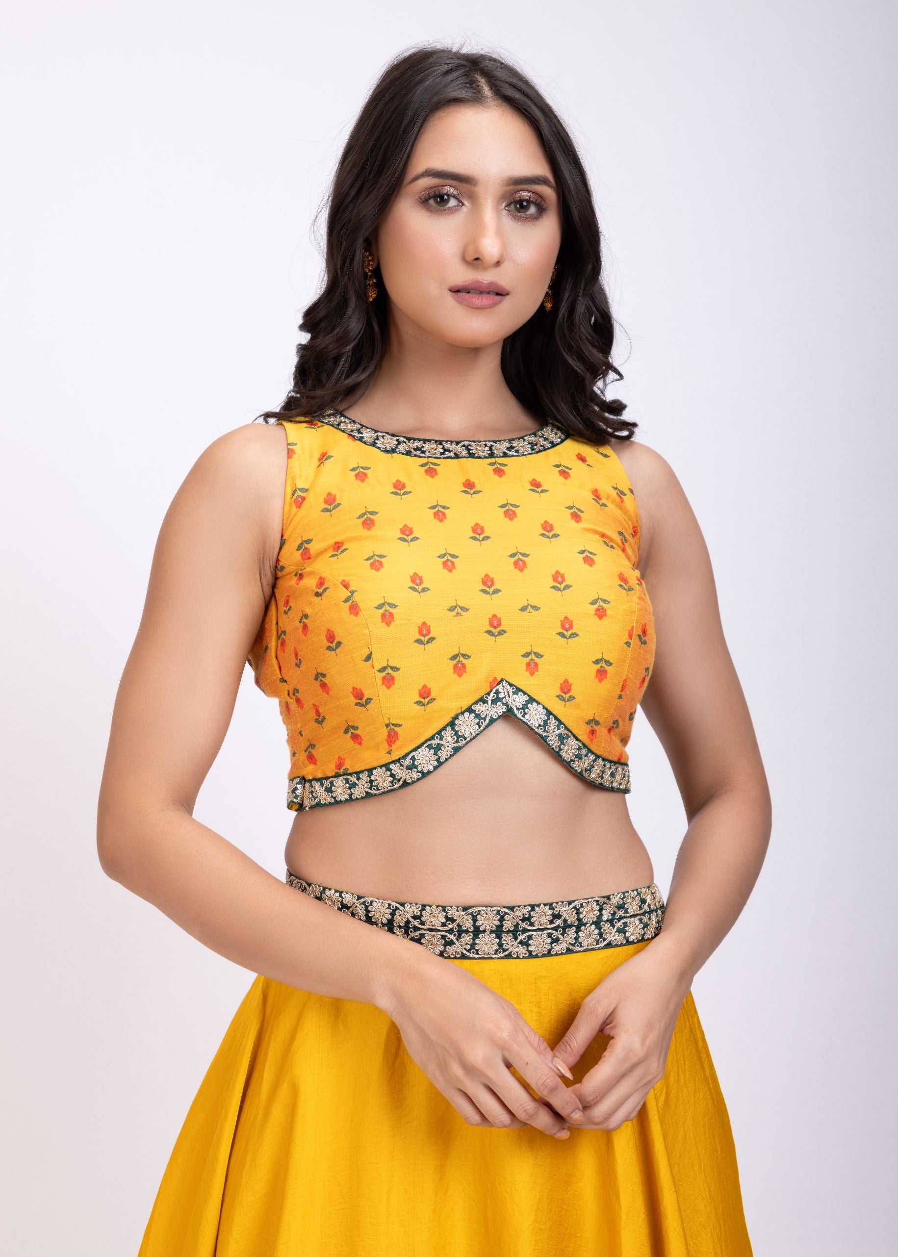Yellow and Green Lehenga Set close up