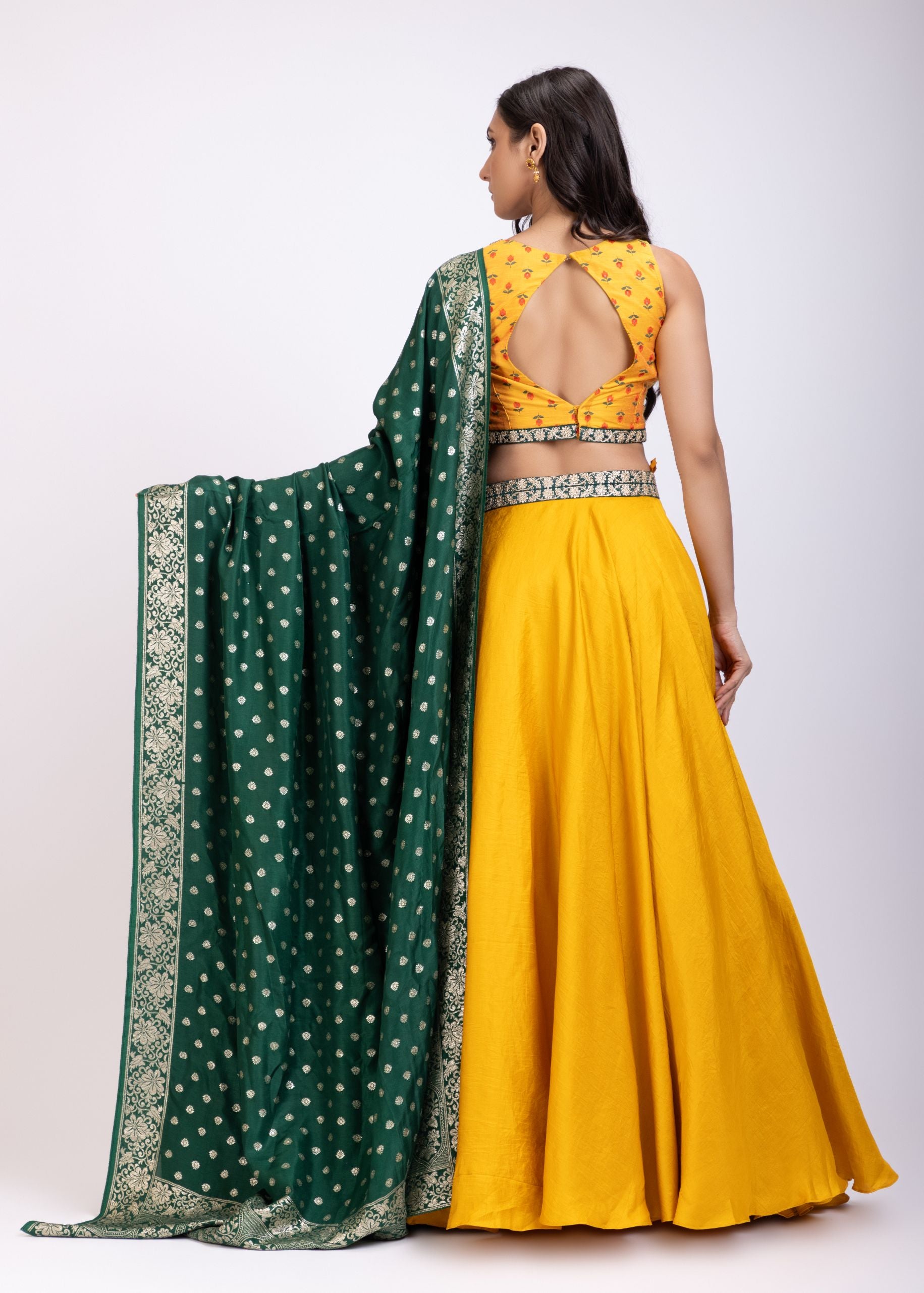 Yellow and Green Lehenga Set back