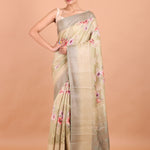 Yellow and Grey Floral Printed Silk Saree full