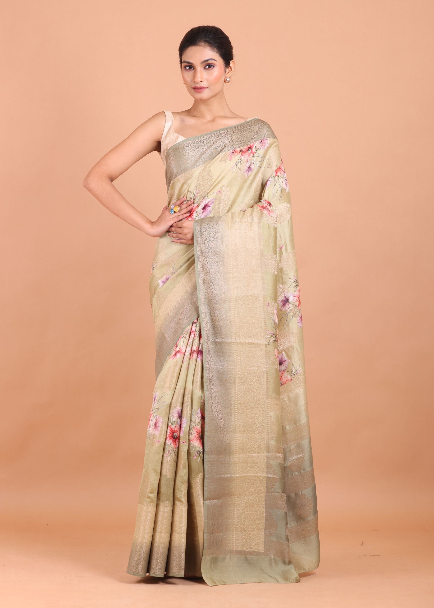 Yellow and Grey Floral Printed Silk Saree full
