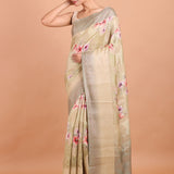 Yellow and Grey Floral Printed Silk Saree front 