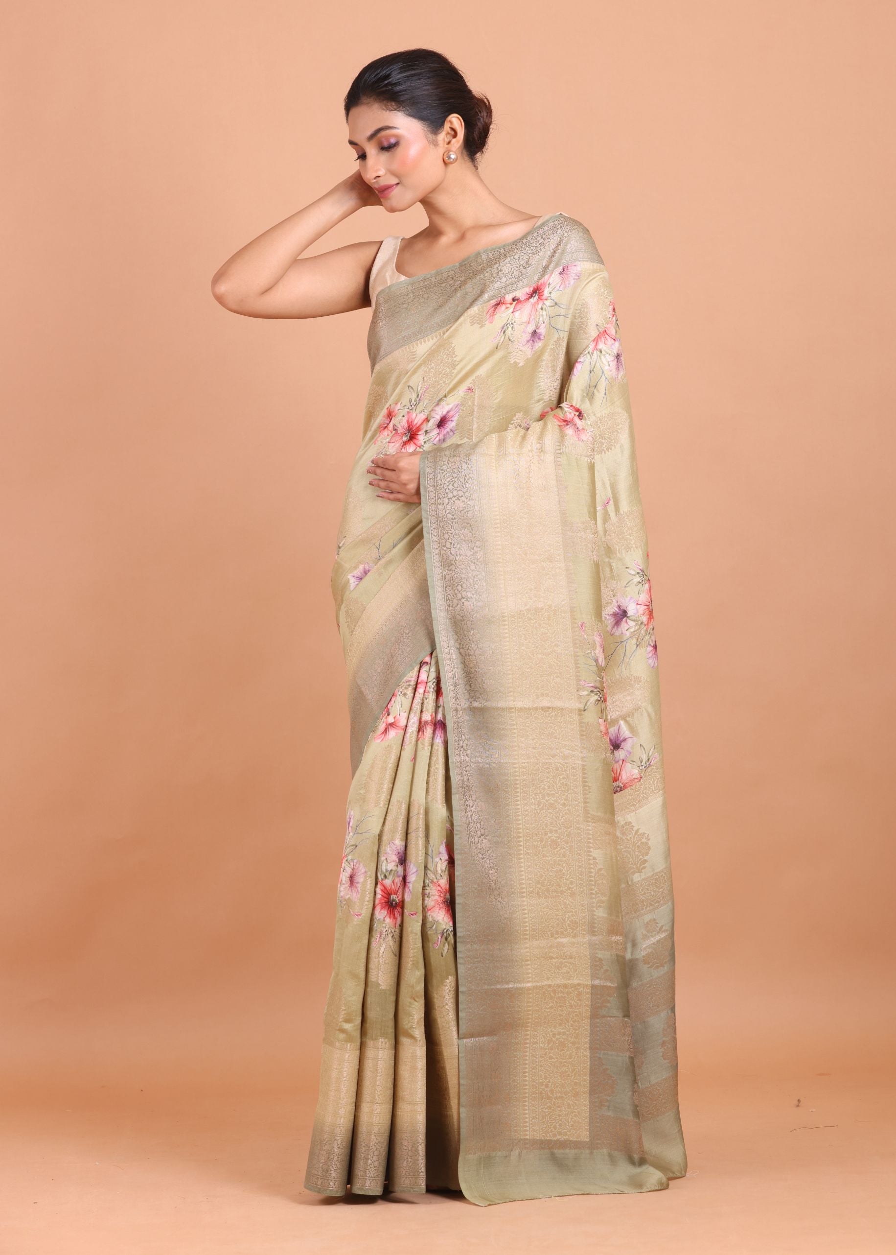 Yellow and Grey Floral Printed Silk Saree front 