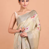 Yellow and Grey Floral Printed Silk Saree close up
