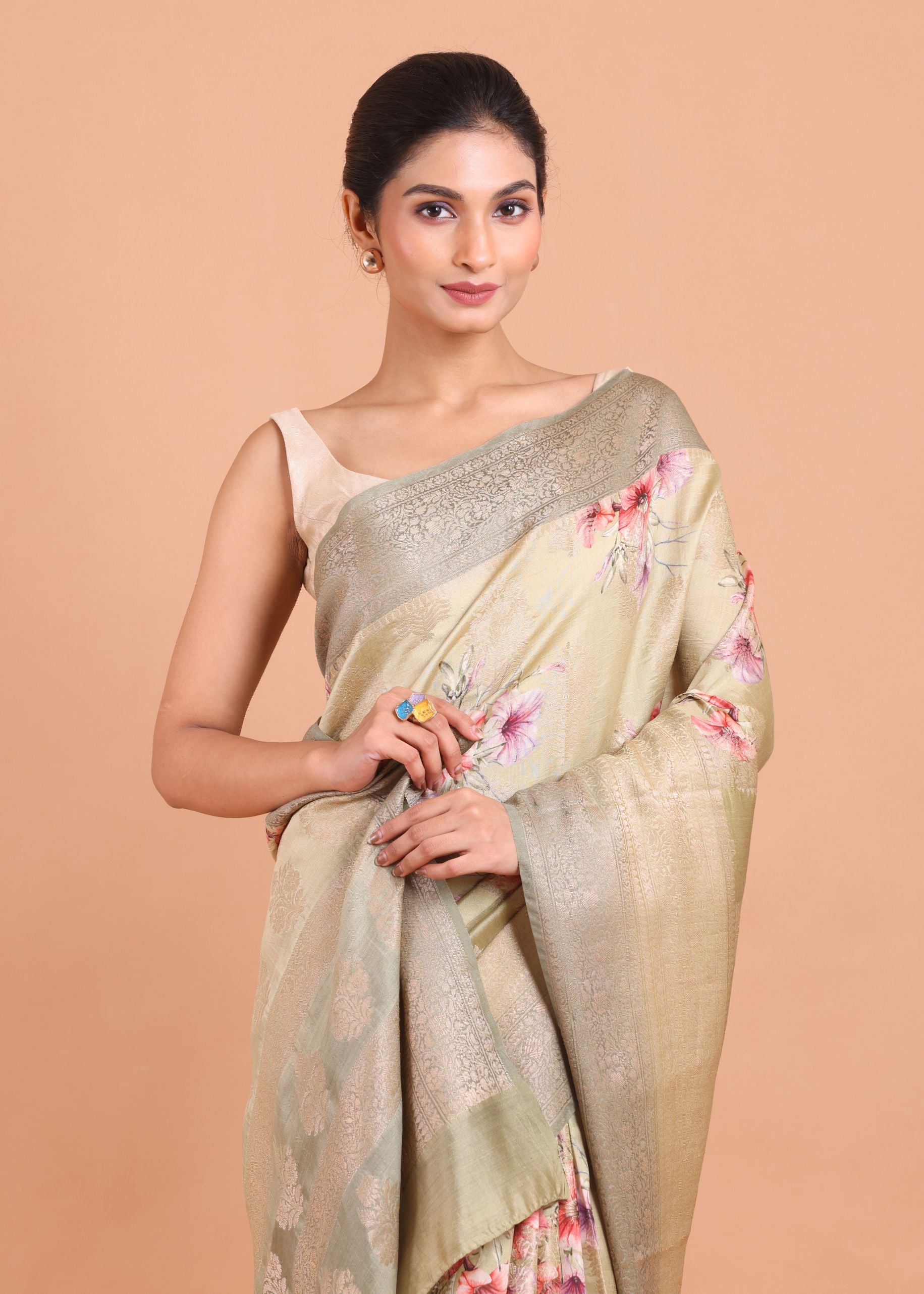 Yellow and Grey Floral Printed Silk Saree close up