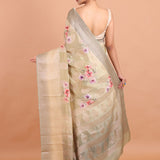 Yellow and Grey Floral Printed Silk Saree back