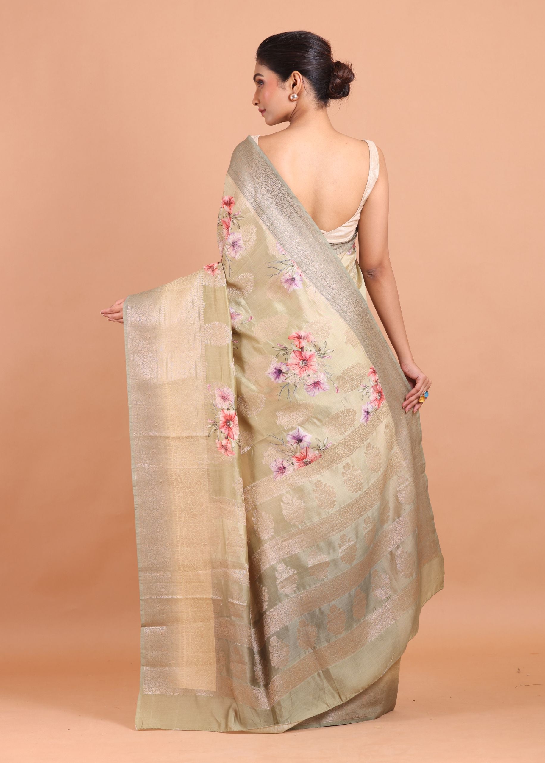 Yellow and Grey Floral Printed Silk Saree back