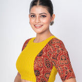 Yellow and Maroon Ajrakh Print Cotton Designer Blouse with Elbow Sleeves - Anvi Couture
