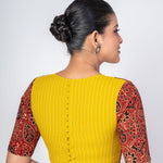 Yellow and Maroon Ajrakh Print Cotton Designer Blouse with Elbow Sleeves - Anvi Couture