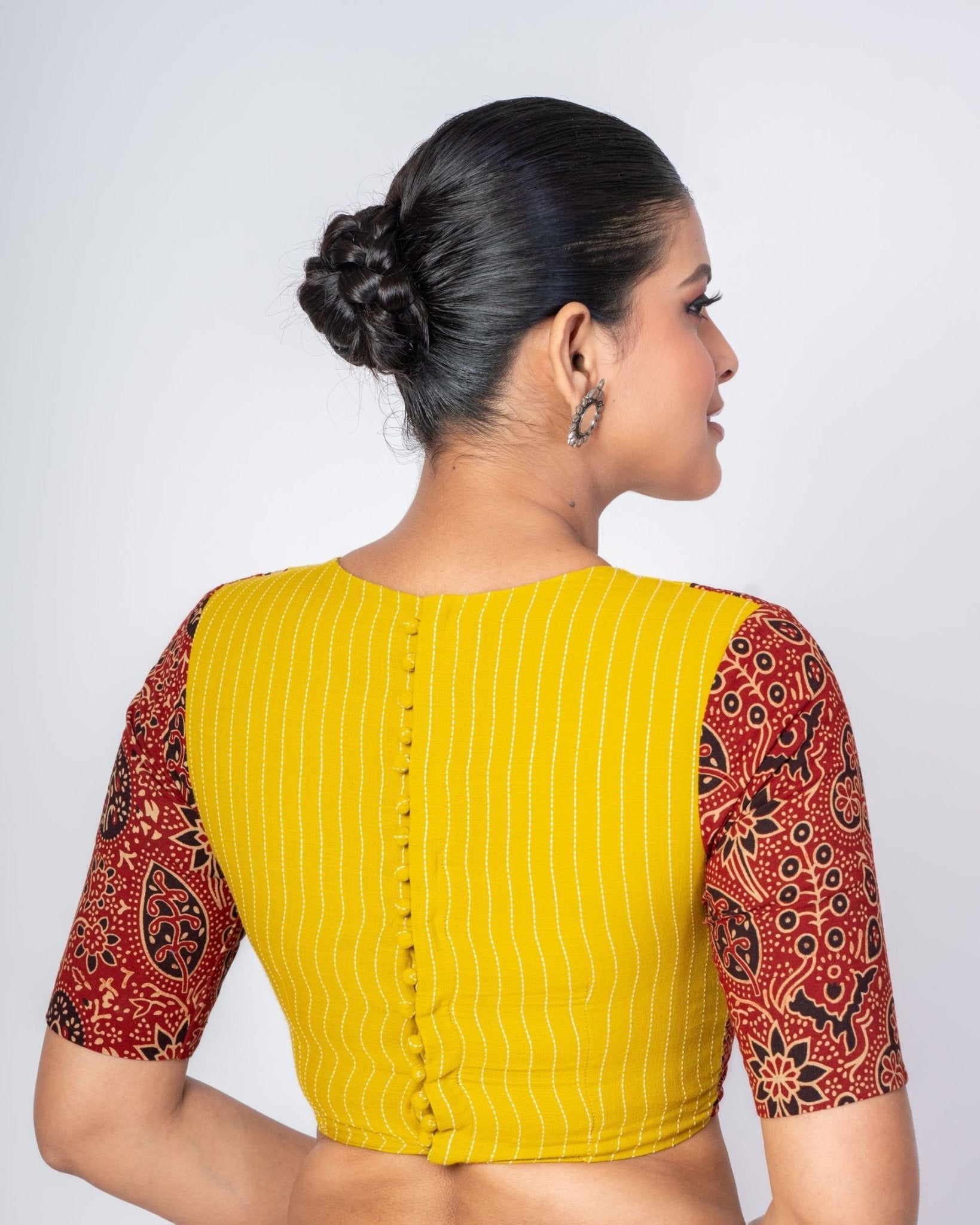 Yellow and Maroon Ajrakh Print Cotton Designer Blouse with Elbow Sleeves - Anvi Couture