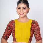 Yellow and Maroon Ajrakh Print Cotton Designer Blouse with Elbow Sleeves - Anvi Couture