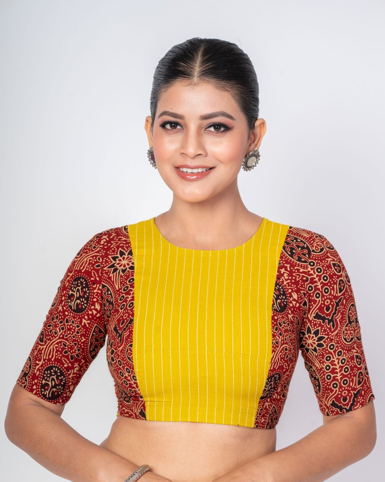 Yellow and Maroon Ajrakh Print Cotton Designer Blouse with Elbow Sleeves - Anvi Couture