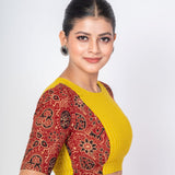 Yellow and Maroon Ajrakh Print Cotton Designer Blouse with Elbow Sleeves - Anvi Couture