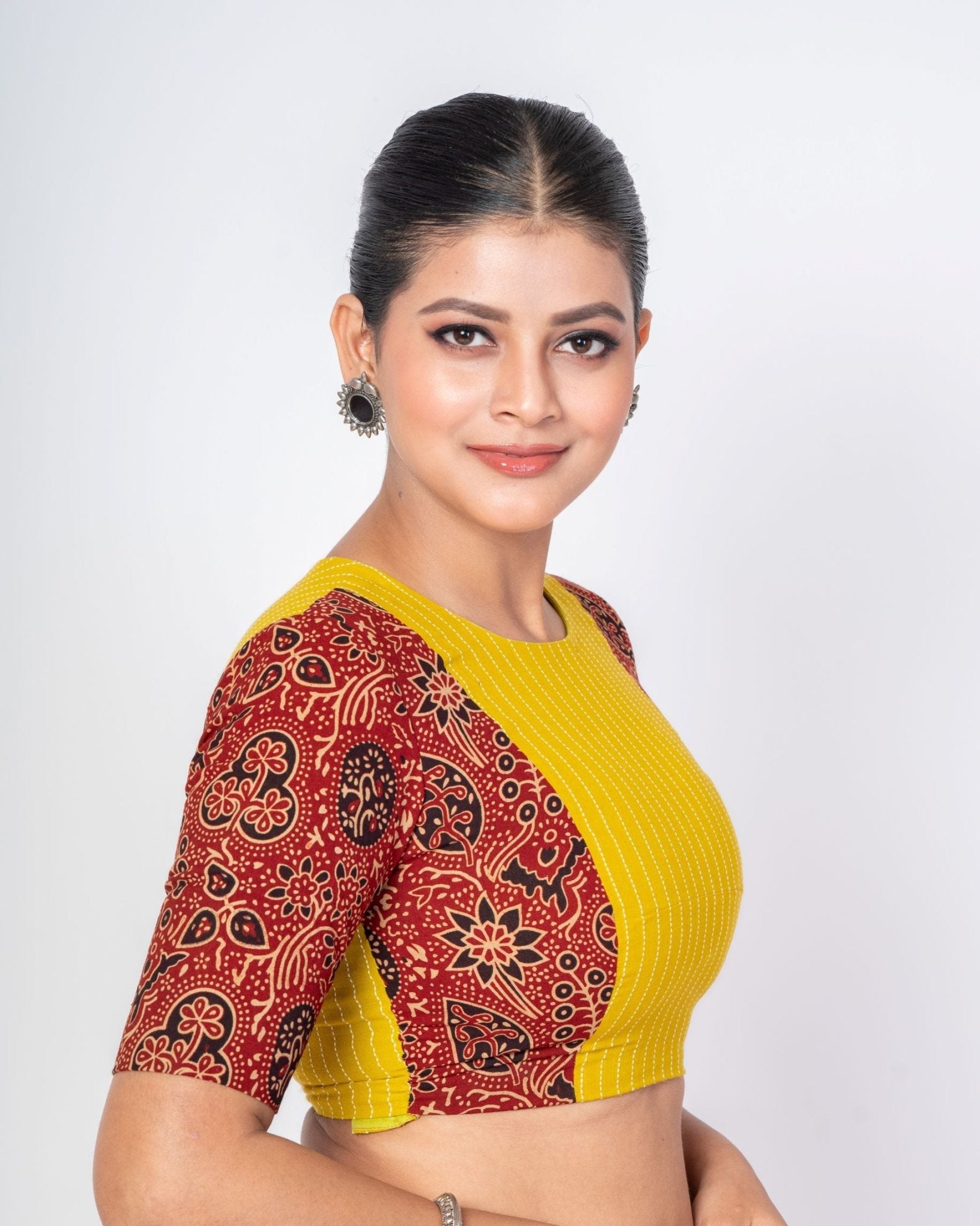 Yellow and Maroon Ajrakh Print Cotton Designer Blouse with Elbow Sleeves - Anvi Couture