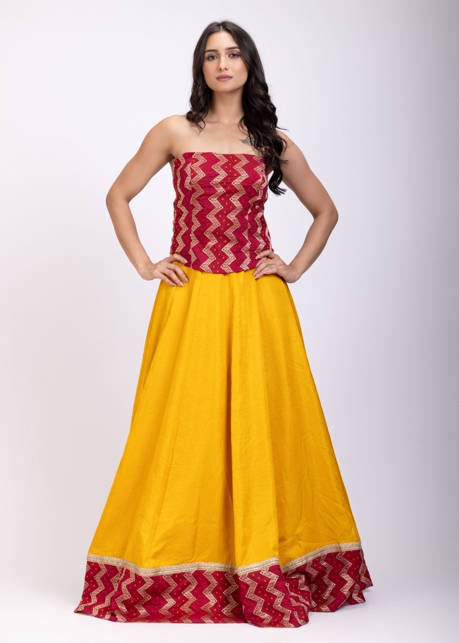 Yellow and Maroon Corset Lehenga Set - Anvi Couture