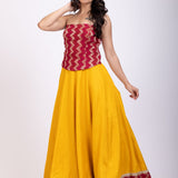 Yellow and Maroon Corset Lehenga Set front