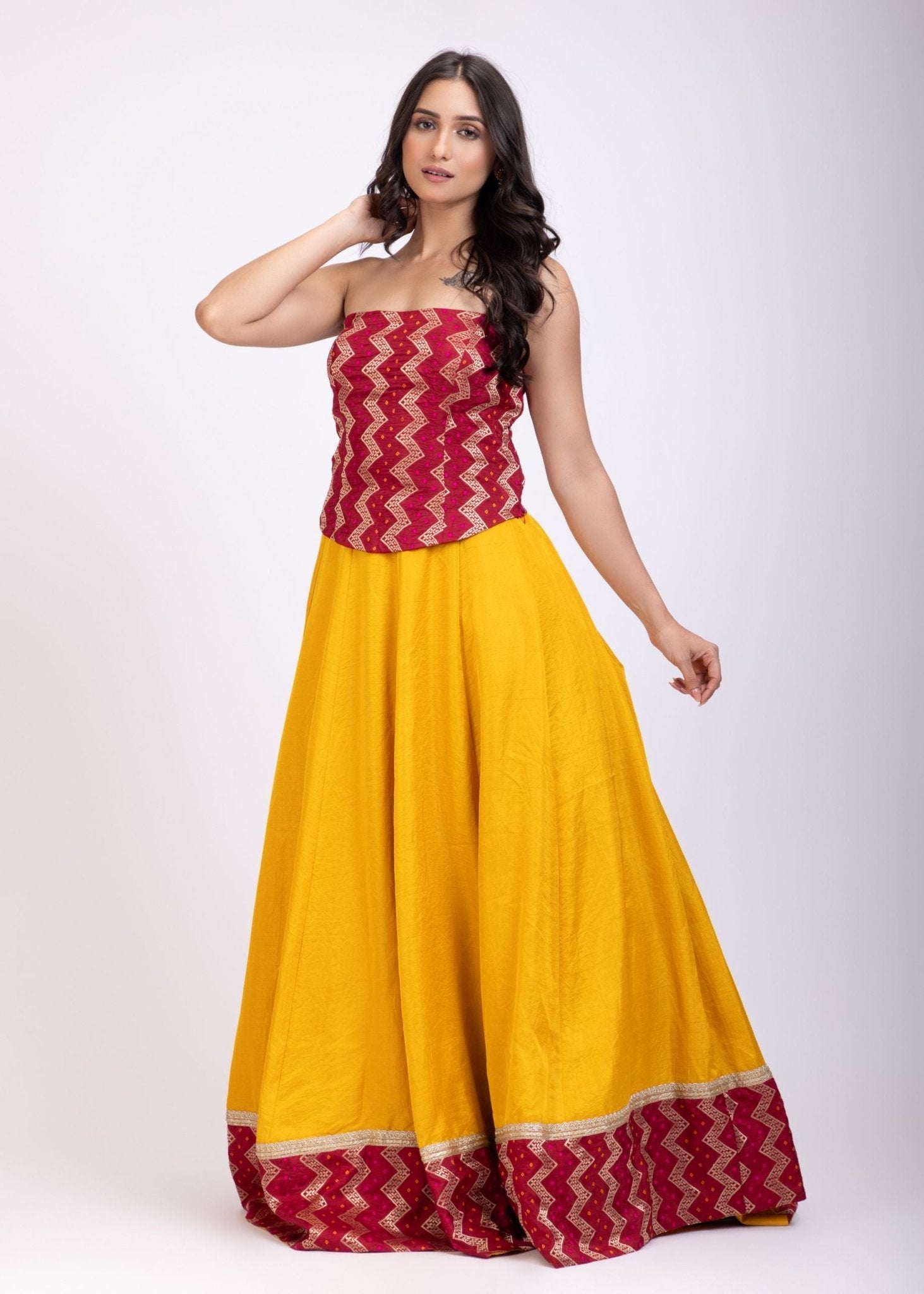 Yellow and Maroon Corset Lehenga Set - Anvi Couture