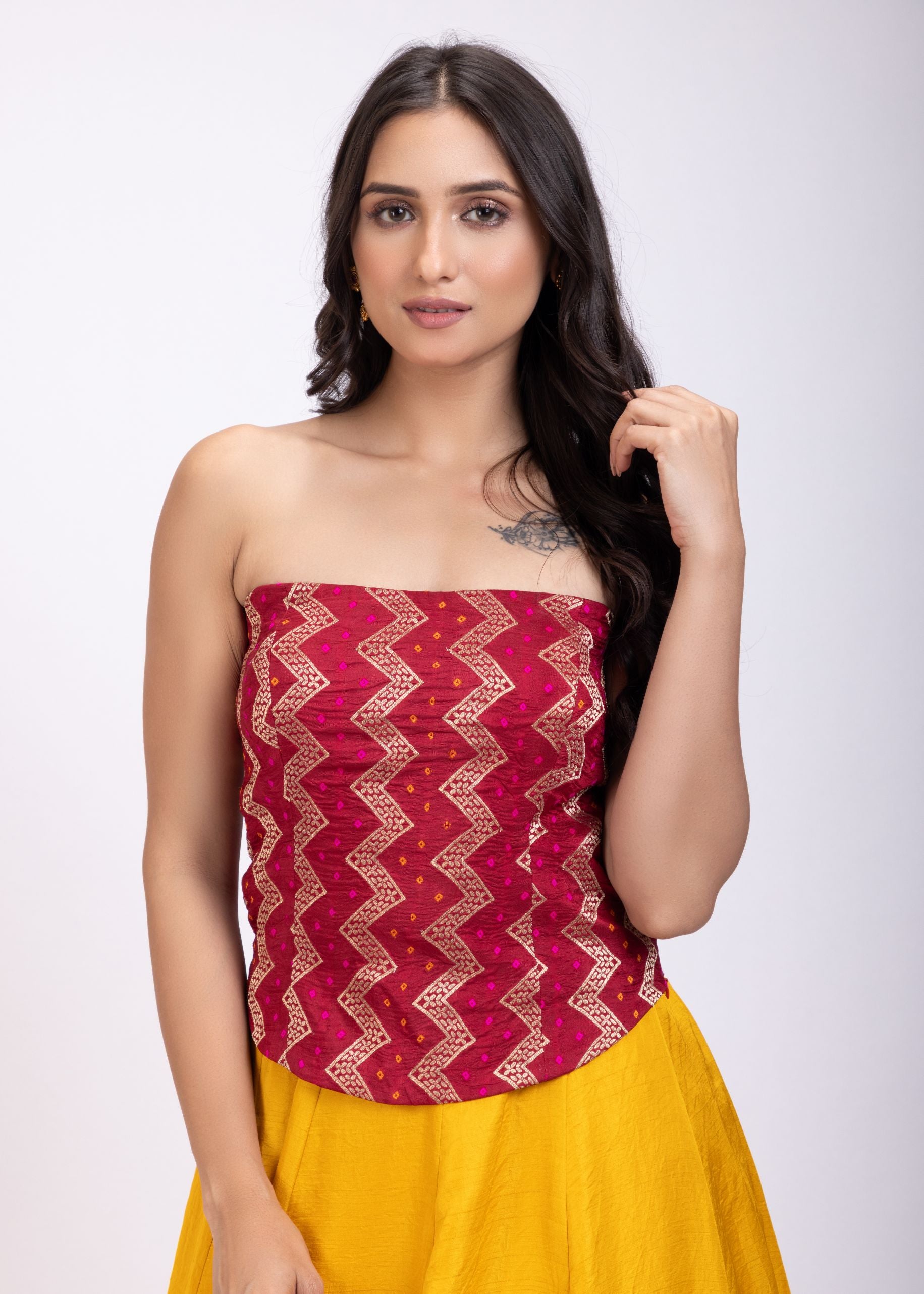 Yellow and Maroon Corset Lehenga Set close up