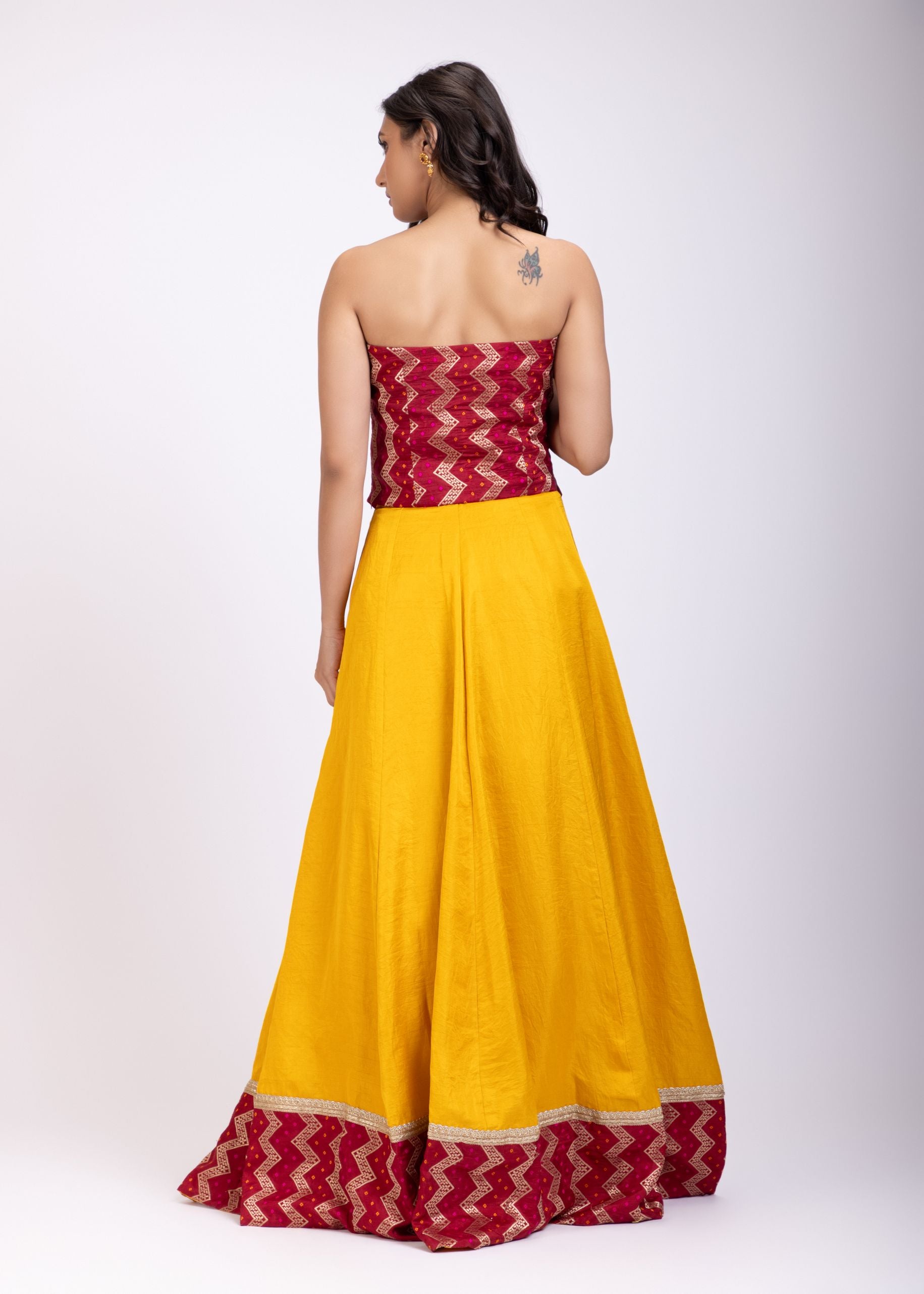 Yellow and Maroon Corset Lehenga Set back