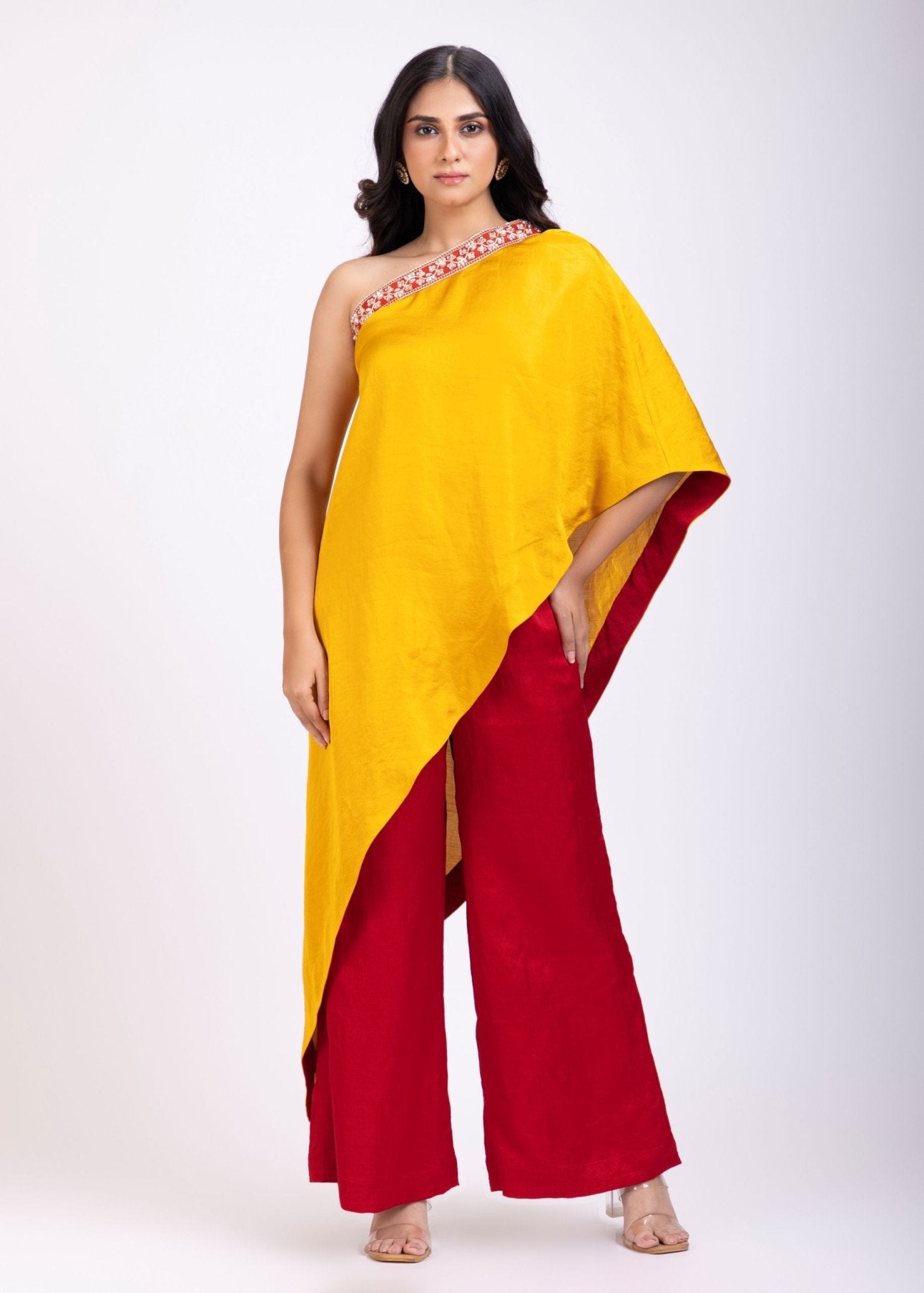 Yellow and Maroon One Shoulder Cord Set - Anvi Couture