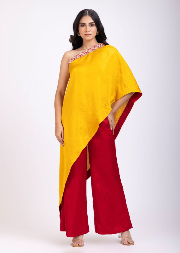Yellow and Maroon One Shoulder Cord Set - Anvi Couture