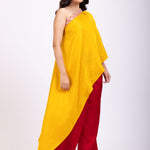 Yellow and Maroon One Shoulder Cord Set front