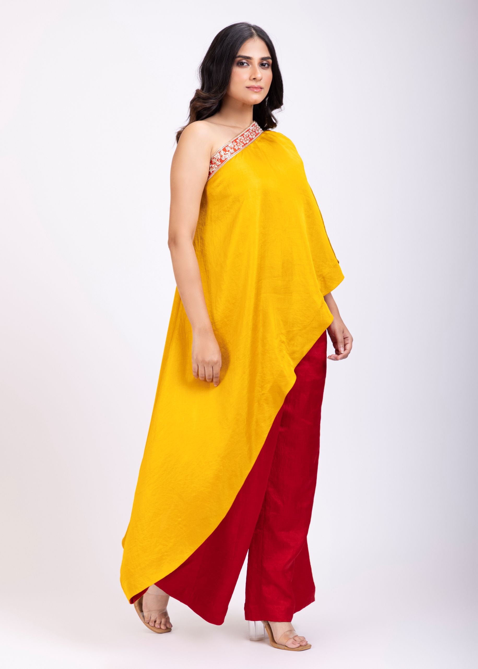 Yellow and Maroon One Shoulder Cord Set front