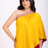 Yellow and Maroon One Shoulder Cord Set close up