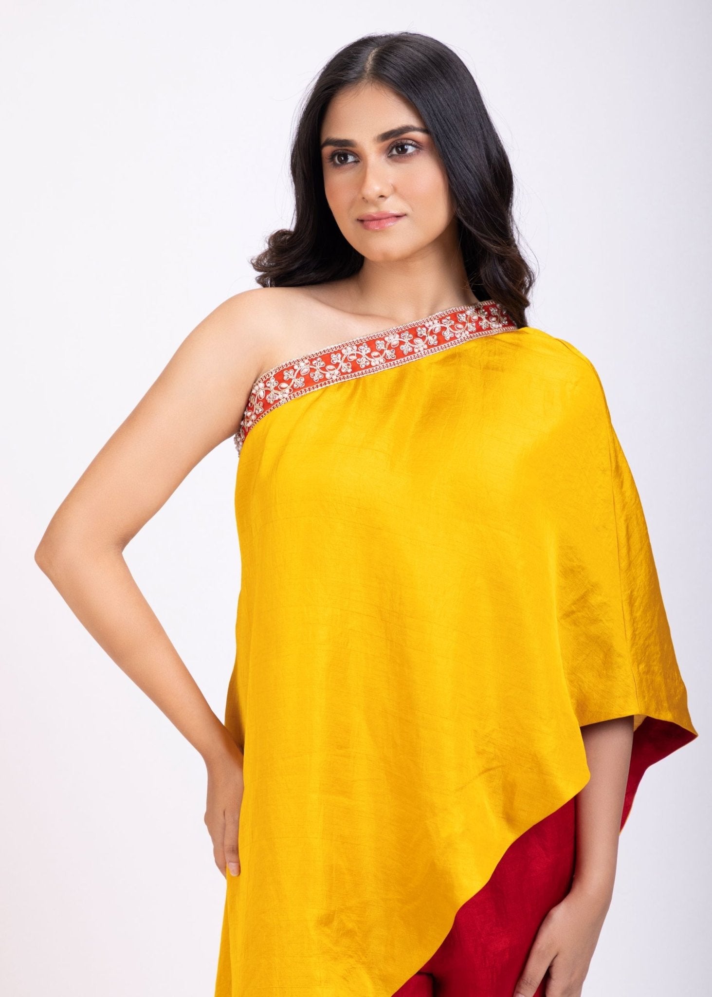 Yellow and Maroon One Shoulder Cord Set - Anvi Couture