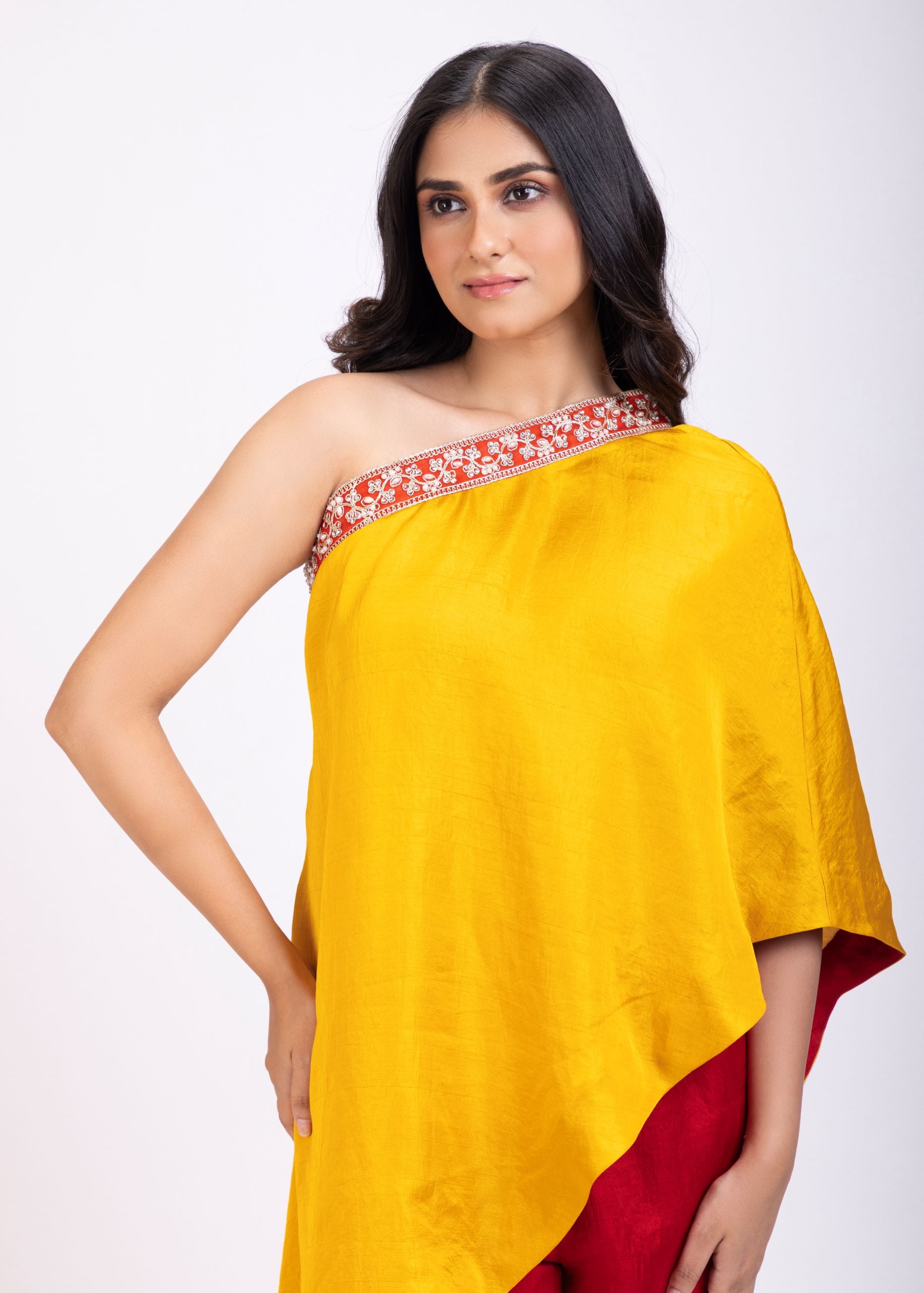 Yellow and Maroon One Shoulder Cord Set close up