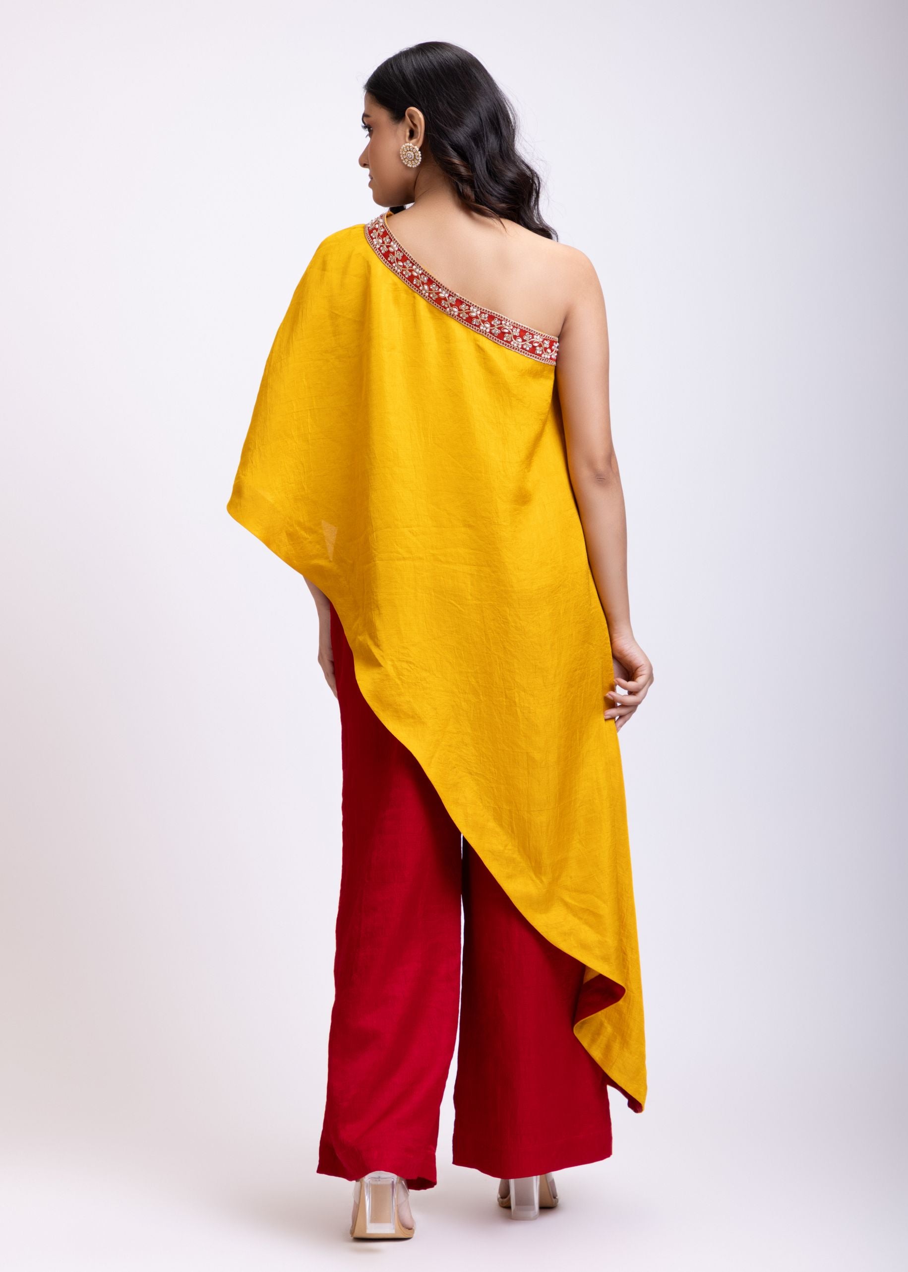 Yellow and Maroon One Shoulder Cord Set back