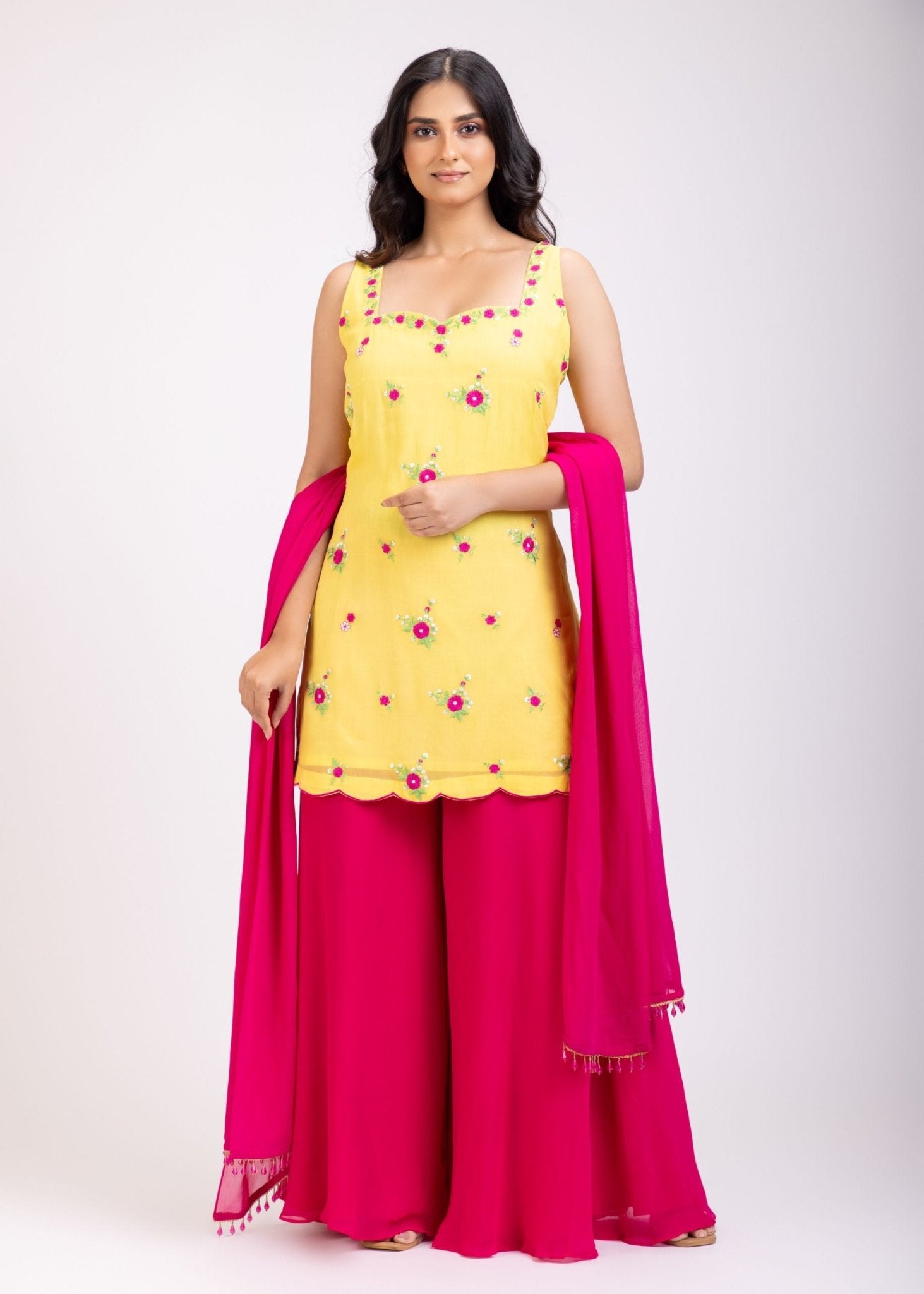 Yellow and Pink Floral Embroidered Shahara Suit Set - Anvi Couture