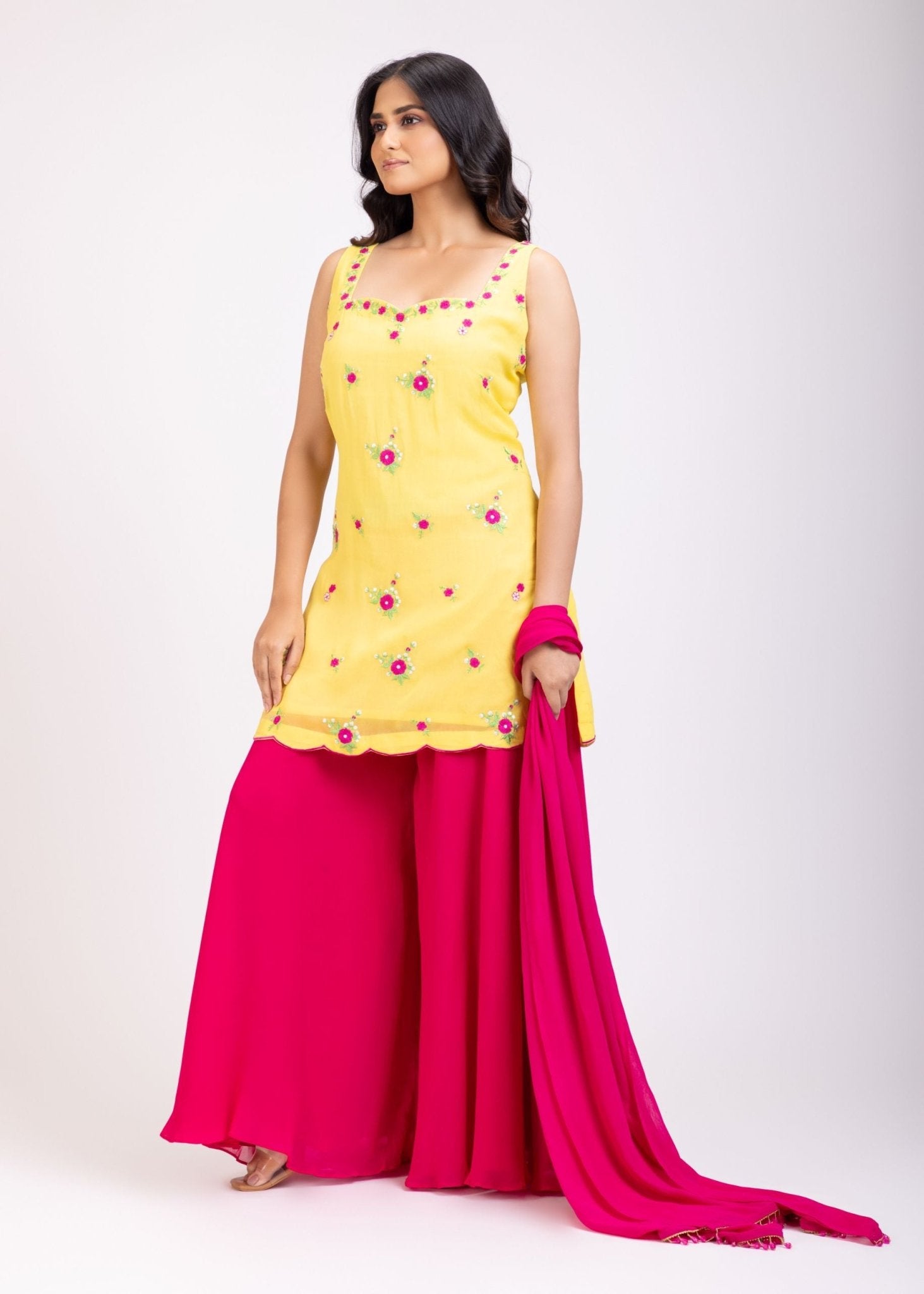 Yellow and Pink Floral Embroidered Shahara Suit Set - Anvi Couture