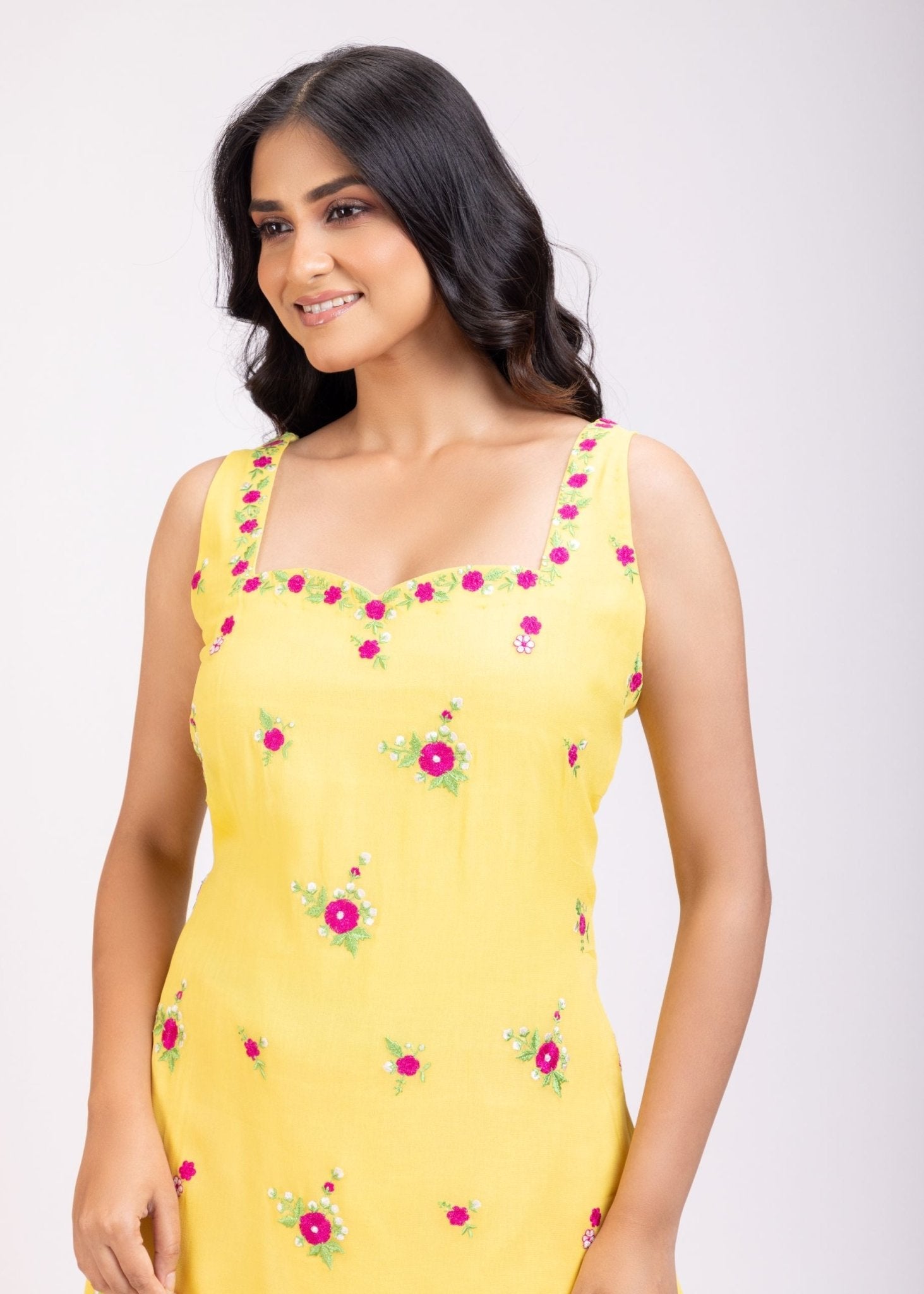 Yellow and Pink Floral Embroidered Shahara Suit Set - Anvi Couture