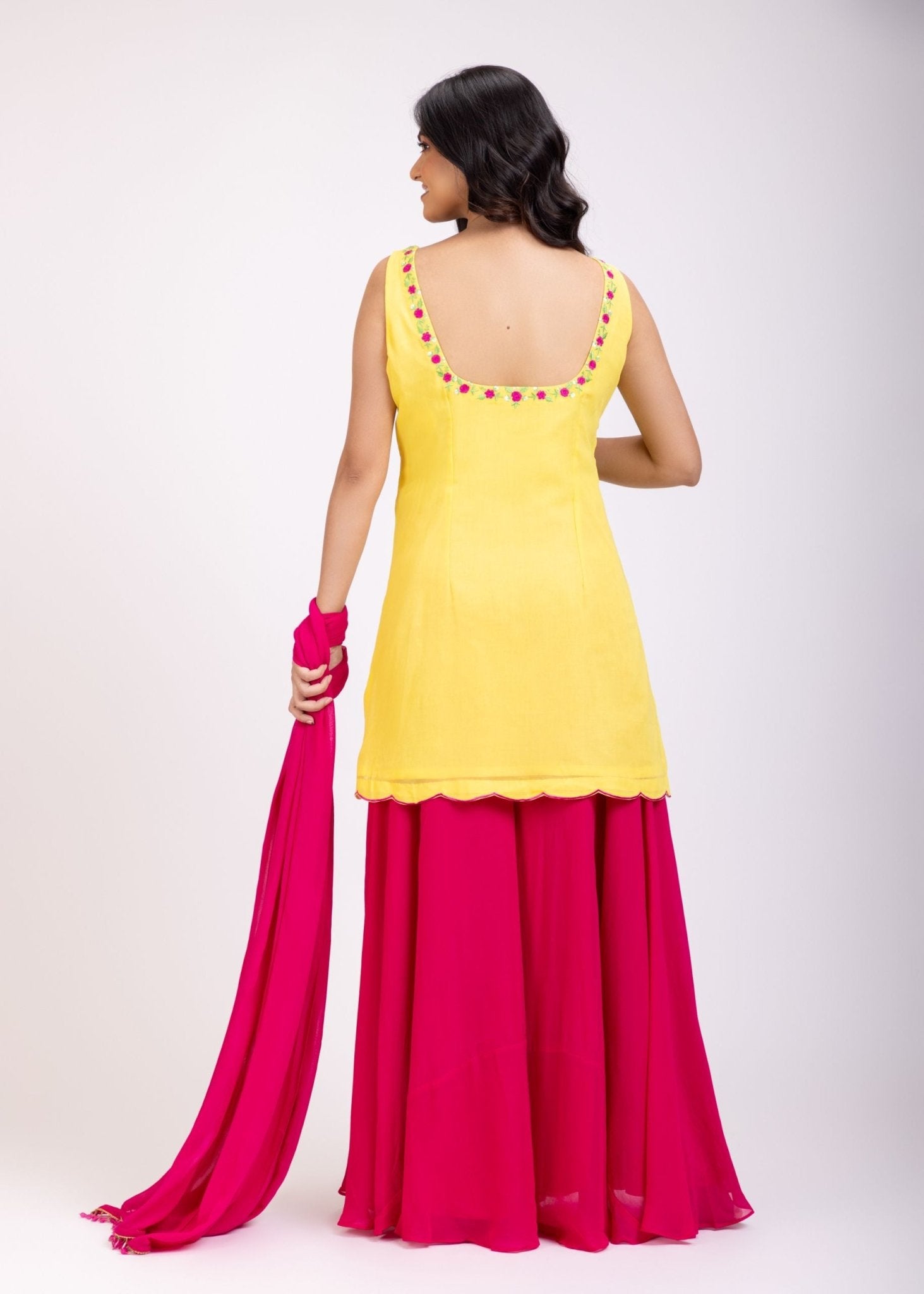 Yellow and Pink Floral Embroidered Shahara Suit Set - Anvi Couture