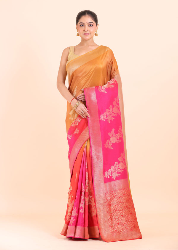 Yellow and Pink Floral Woven Dola Silk Saree Front View
