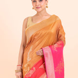 Yellow and Pink Floral Woven Dola Silk Saree Close Up View