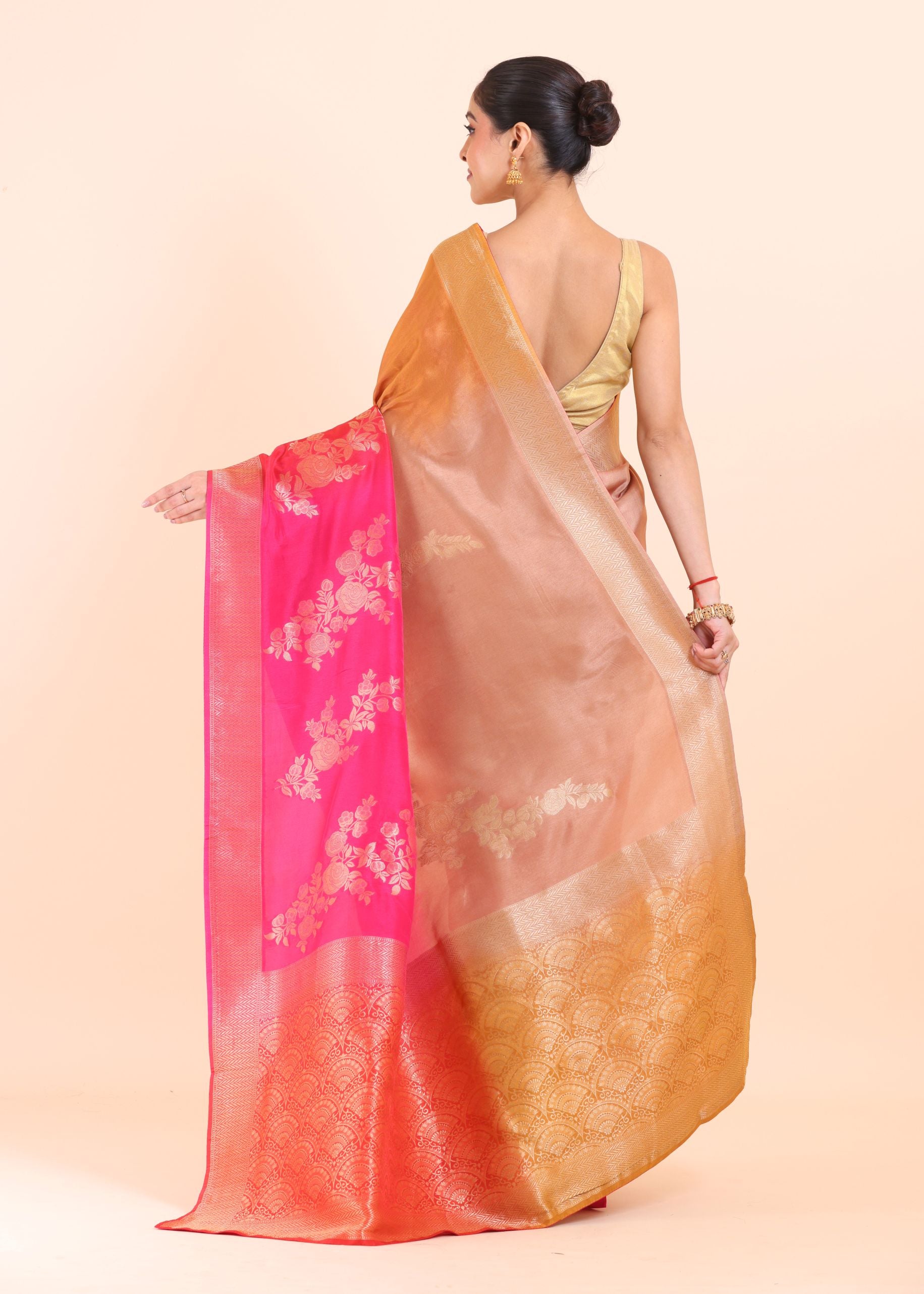 Yellow and Pink Floral Woven Dola Silk Saree Back View